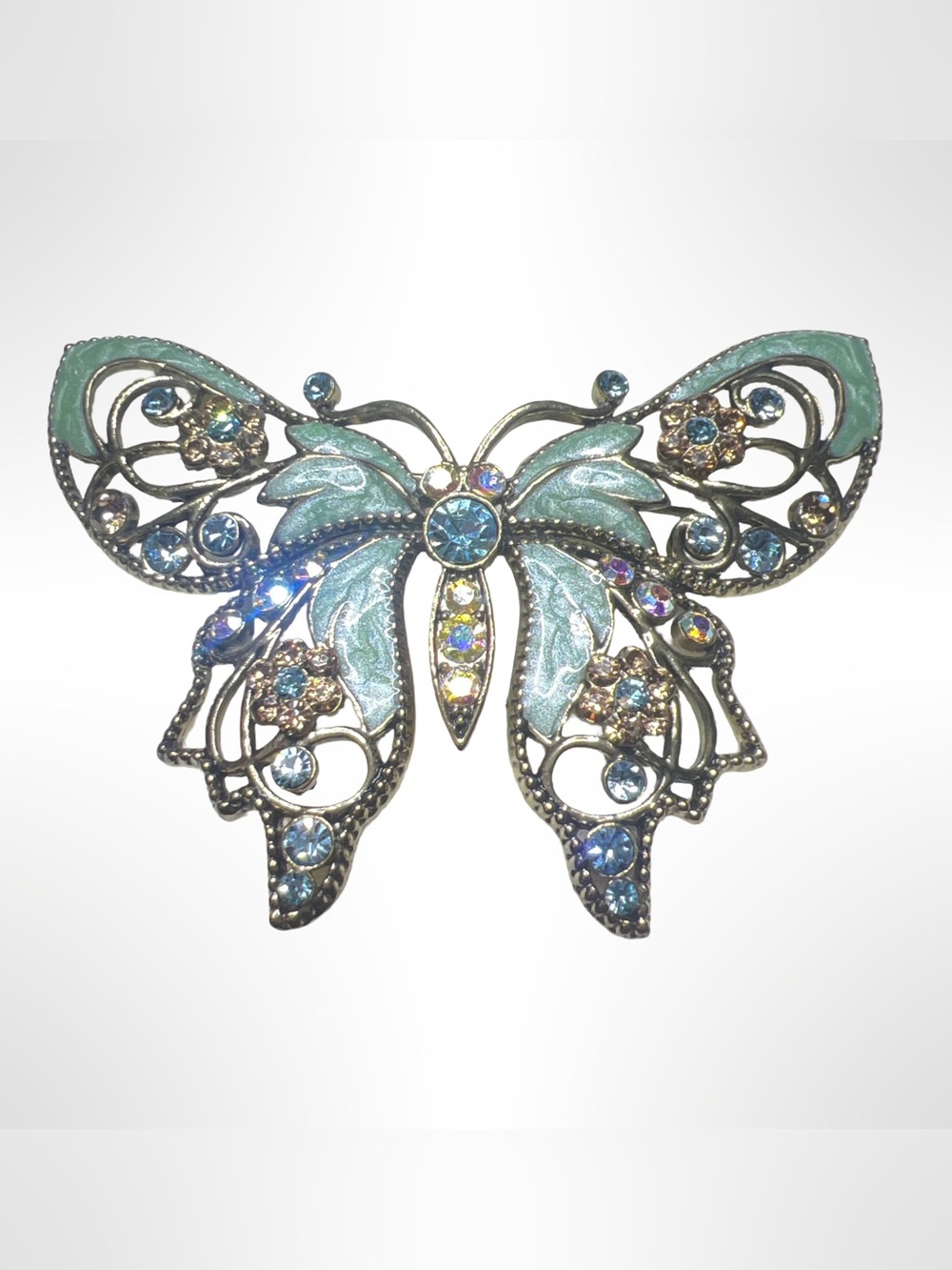 Avon NR Butterfly Brooch Aqua Enamel Rhinestone Silver Plated Gold Tone Filigree
